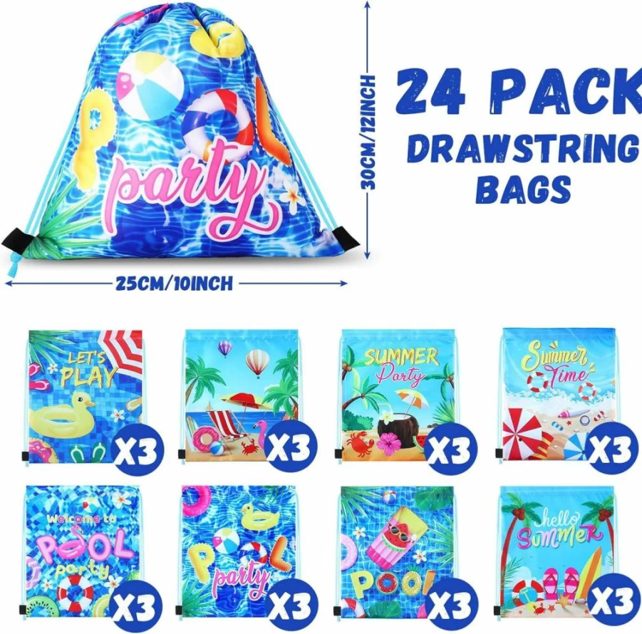 Hosuly 24 Pack Summer Pool Party Favor Bags - Waterproof Drawstring Beach Backpacks for Candy, Treats, Hawaiian Luau, Birthday Goodie Bags, Shower Decorations