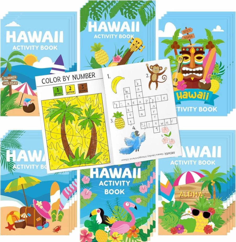 BWKoss 24Pcs Hawaii Summer Activity Books for Kids - Mini Coloring Books, Mazes, Word Search, Word Scramble Games for Carnival Party Favors & Goodie Bag Fillers