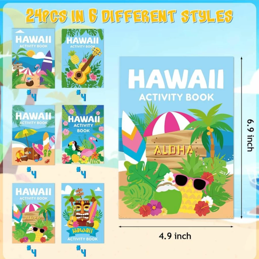 BWKoss 24Pcs Hawaii Summer Activity Books for Kids - Mini Coloring Books, Mazes, Word Search, Word Scramble Games for Carnival Party Favors & Goodie Bag Fillers