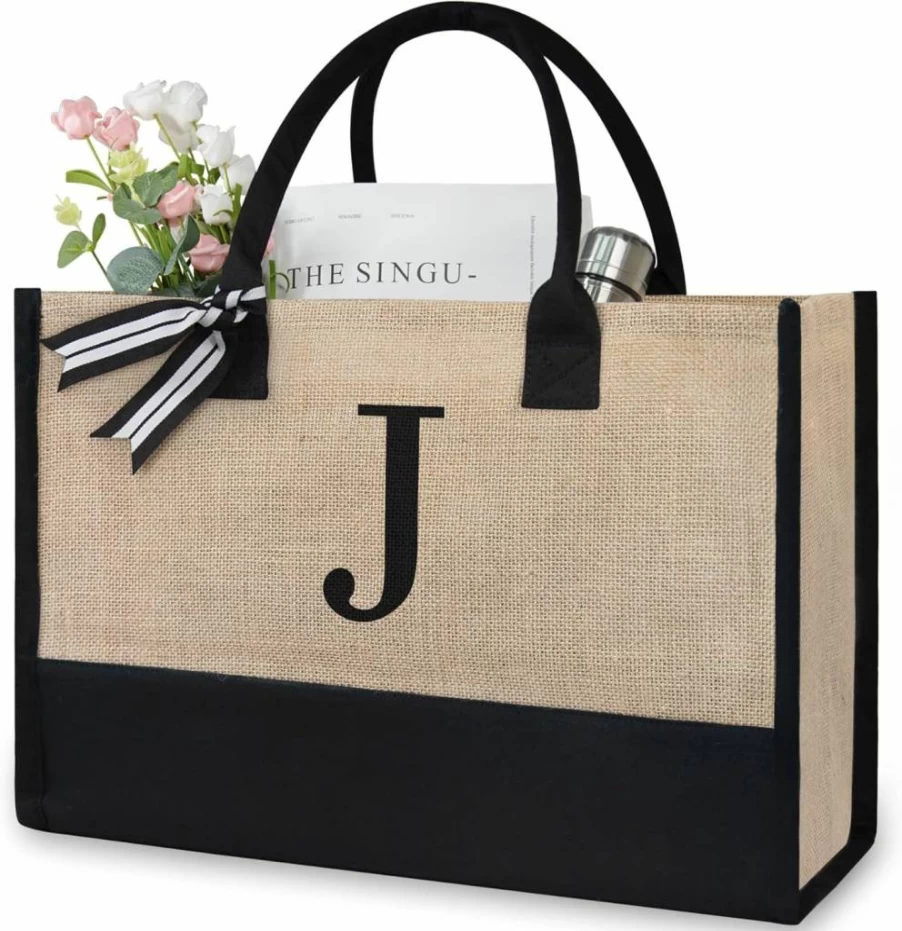 TOPDesign Personalized Embroidery Letter A Canvas Tote Bag - Custom Wedding, Birthday Gift for Women, Mom, Teacher, Bridesmaid - Reusable Beach Holiday Shopping Bag