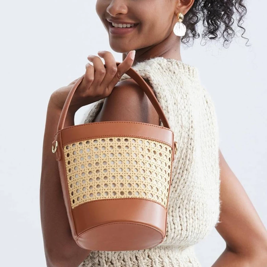 Upbull Women's Rattan Straw Beach Bag - Drawstring Crossbody Purse, PU Leather Summer Shoulder Tote & Cute Hobo Handbag for Women
