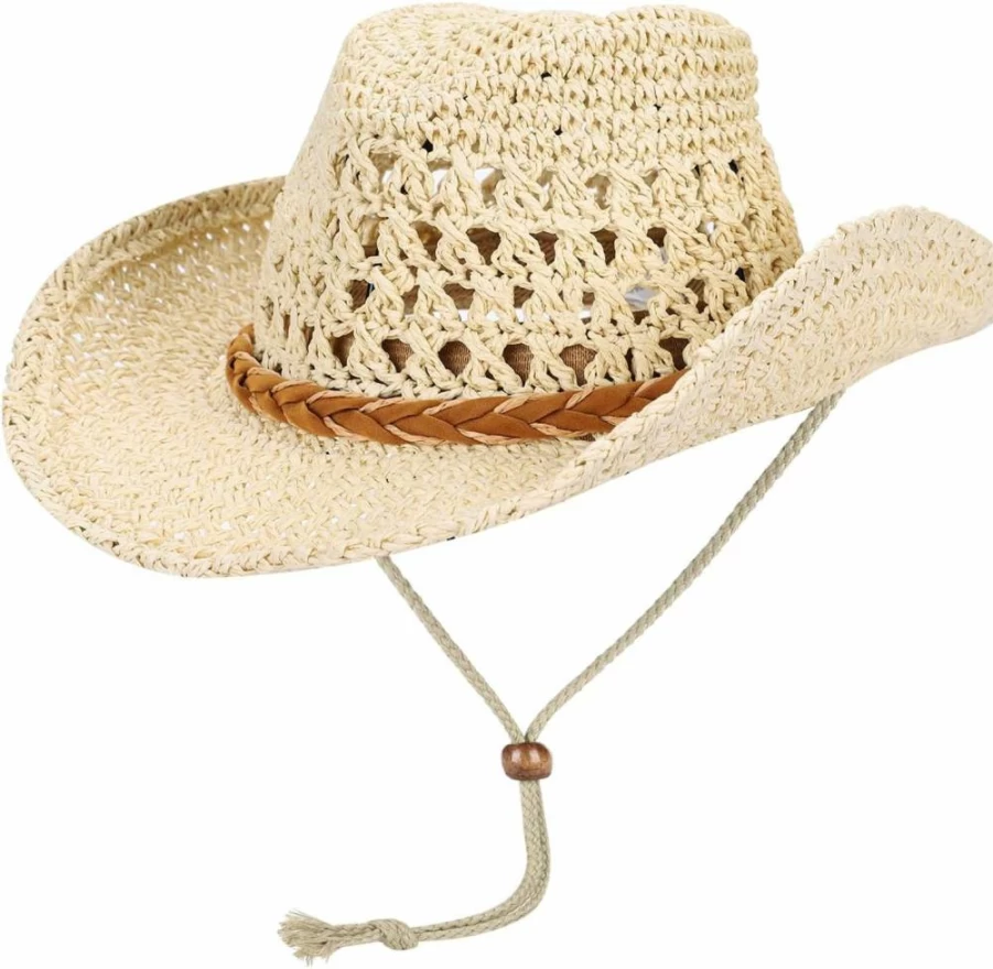 PENINSULA LOVE Western Cowboy Straw Hat – Wide Brim Summer Beach Sun Hat for Men & Women