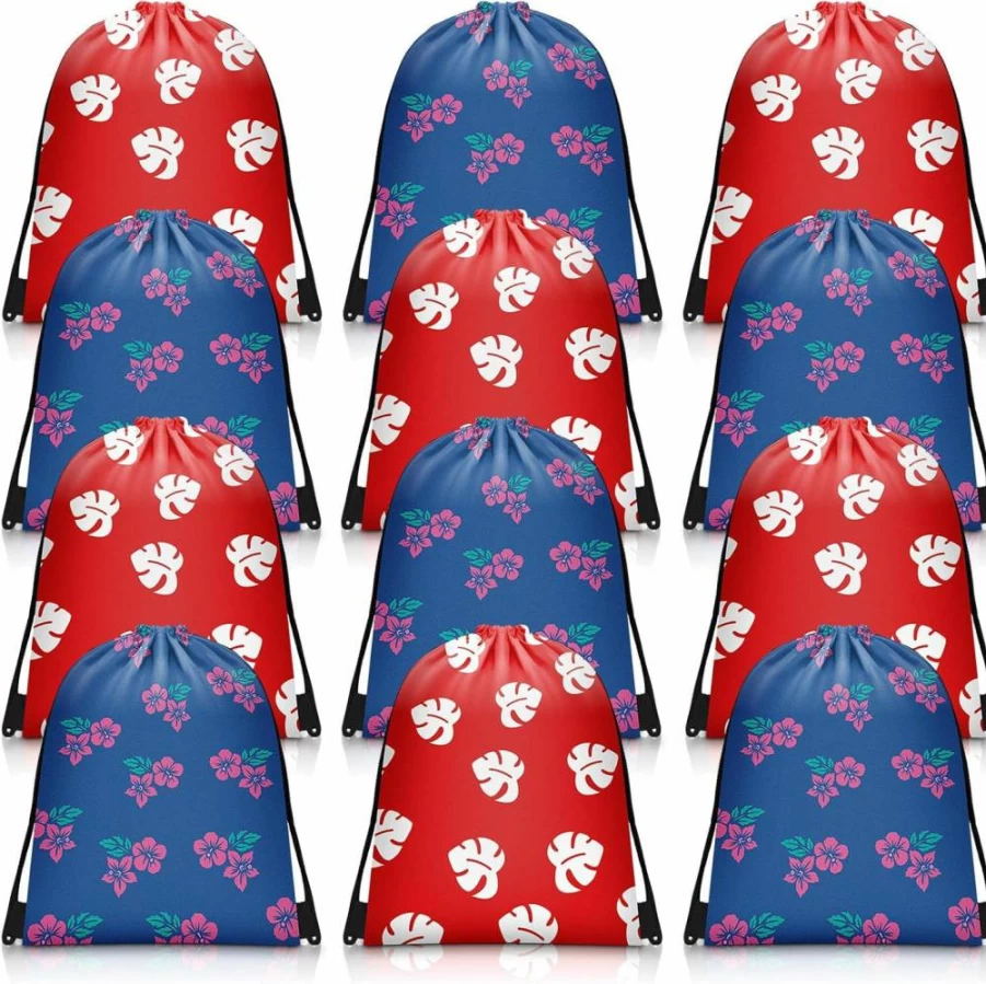 Sunnymove 12-Pack Hawaiian Luau Party Favor Bags - Tropical Hibiscus Print Drawstring Gift Bags for Birthday, Summer Events, and Holiday Decorations