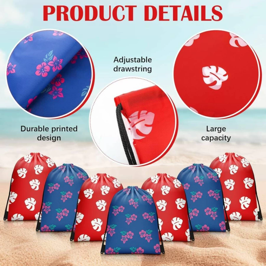Sunnymove 12-Pack Hawaiian Luau Party Favor Bags - Tropical Hibiscus Print Drawstring Gift Bags for Birthday, Summer Events, and Holiday Decorations