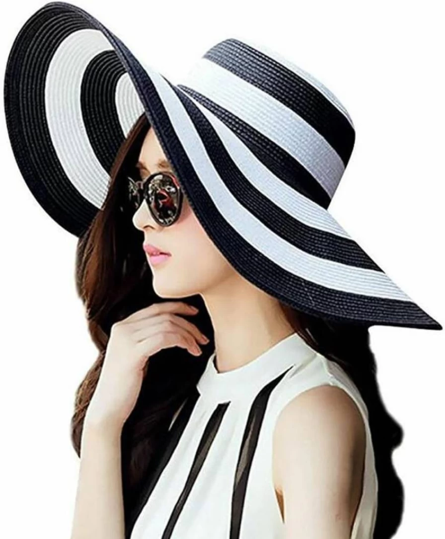 QUUPY Women's Foldable Wide Brim Straw Sun Hat - UPF 50+ Black & White Striped Floppy Beach Hat for Summer