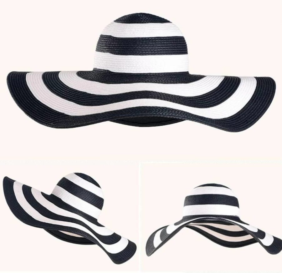 QUUPY Women's Foldable Wide Brim Straw Sun Hat - UPF 50+ Black & White Striped Floppy Beach Hat for Summer