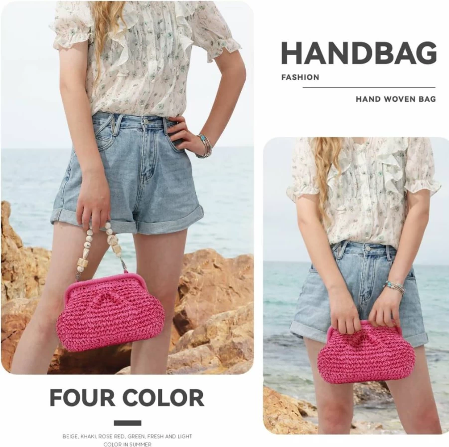 LUI SUI Woven Straw Clutch Purse for Women - Summer Beach Tote Bag - Handmade Wicker Handbag - Elegant Straw Dumpling Clutch for Outing
