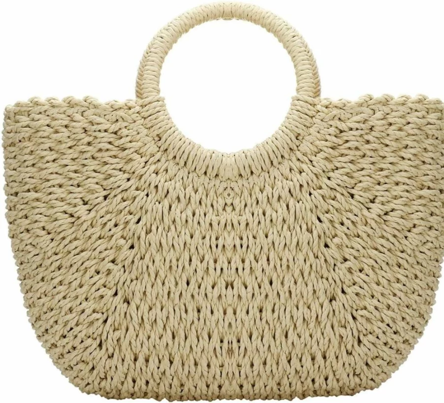 YYW Hand-Woven Straw Tote Bag for Women - Retro Summer Beach Rattan Bag with Round Handle Ring, Large Woven Purse