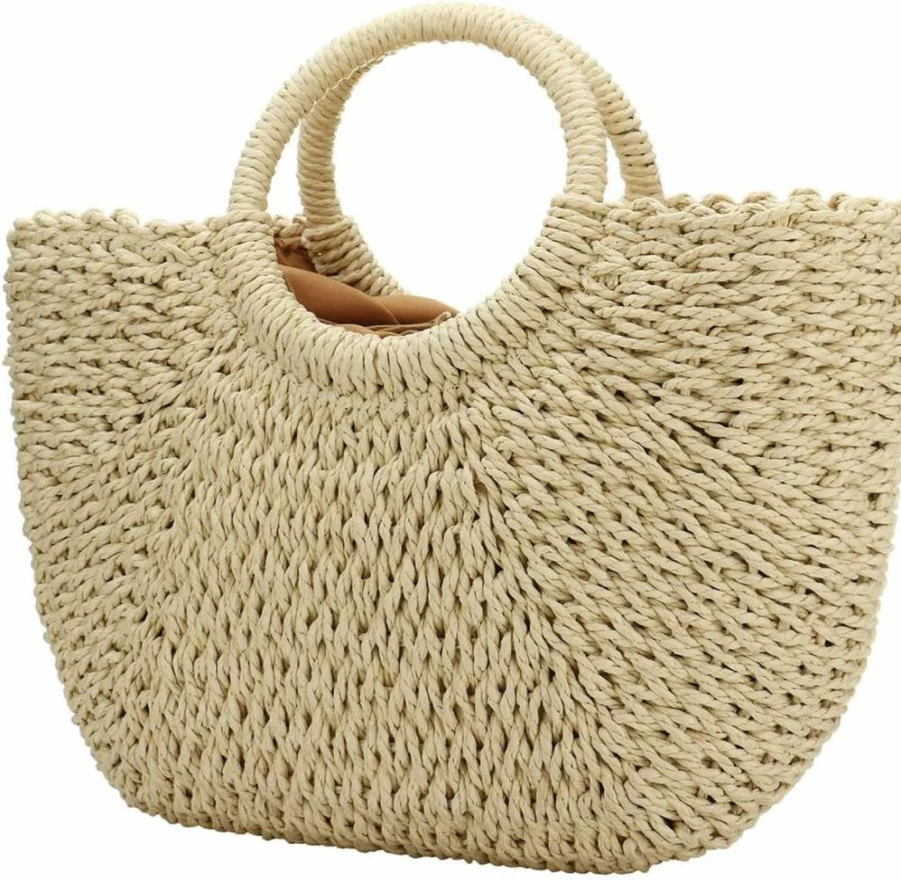 YYW Hand-Woven Straw Tote Bag for Women - Retro Summer Beach Rattan Bag with Round Handle Ring, Large Woven Purse