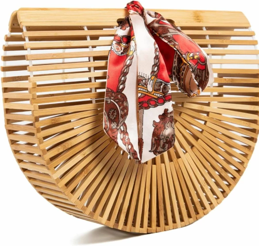 FARVALUE Women's Handmade Bamboo Tote Bag with Silk Scarf - Large Beach Bag, Summer Wooden Handbag for Women