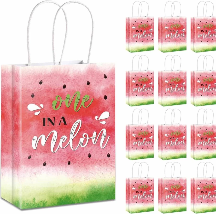 Zonon 16-Pack Watermelon Goodie Bags with Handles - 6.3x8.7 Inch Watercolor Party Favors for Summer, Birthday, Baby Shower - One in a Melon Treat Bags for Candy & Gifts