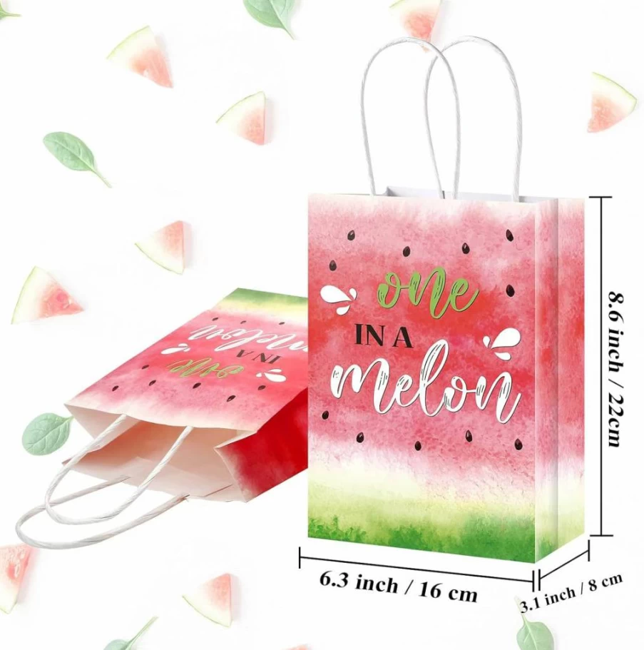 Zonon 16-Pack Watermelon Goodie Bags with Handles - 6.3x8.7 Inch Watercolor Party Favors for Summer, Birthday, Baby Shower - One in a Melon Treat Bags for Candy & Gifts