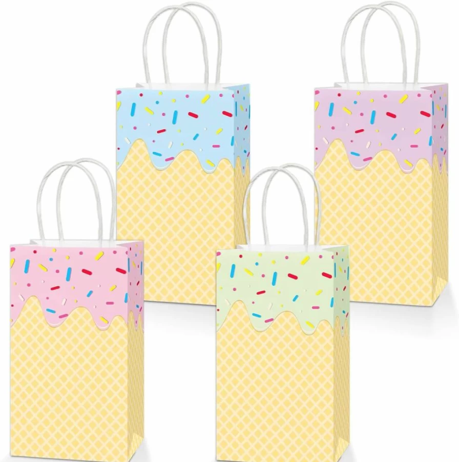 Justforjoyful 16Pcs Colorful Ice Cream Party Favor Bags With Handles - 8x4.7x3 Inch Summer Treat Goody Bags for Birthday Baby Shower Decor