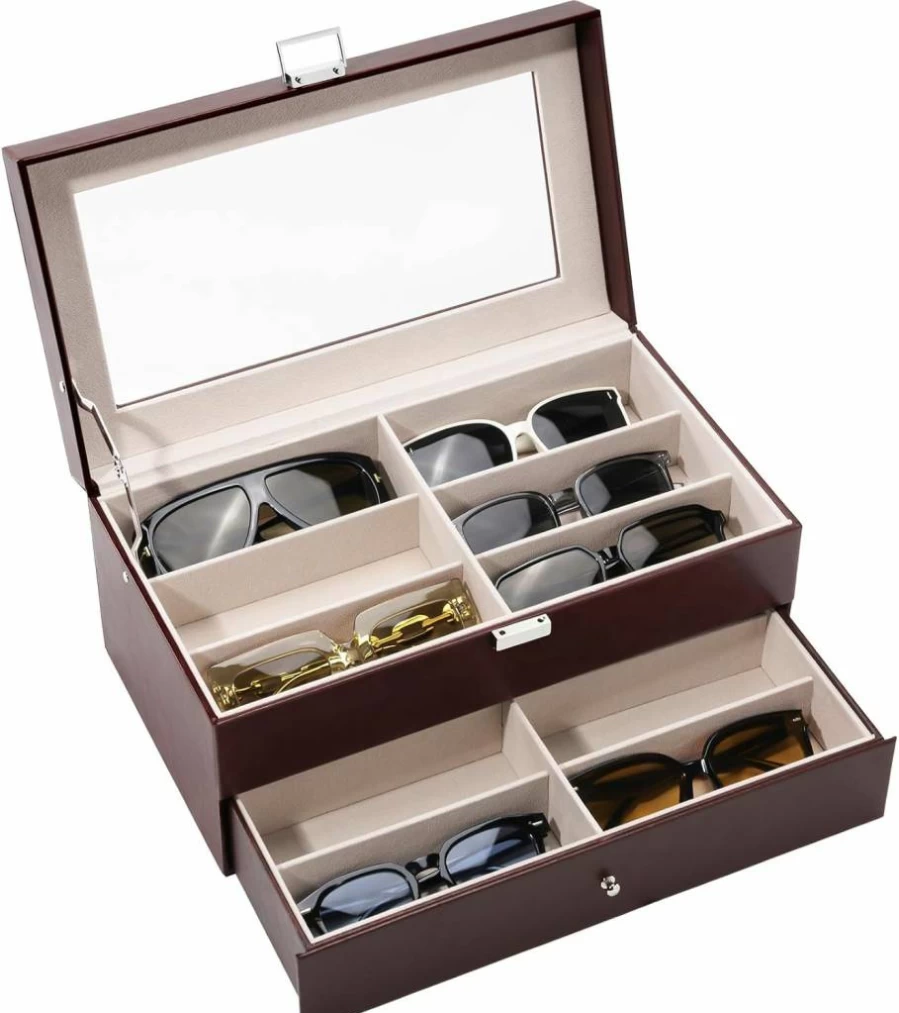 ProCase Leather Sunglasses Organizer Case - 3-Layer 18-Slot Eyeglass Storage Box for Men & Women, Ideal Father's Day Gift, Black