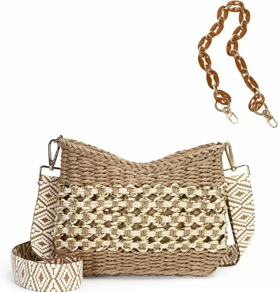 Herald Women's Small Woven Straw Crossbody Bag - Handmade Chic Summer Shoulder Purse with Chain