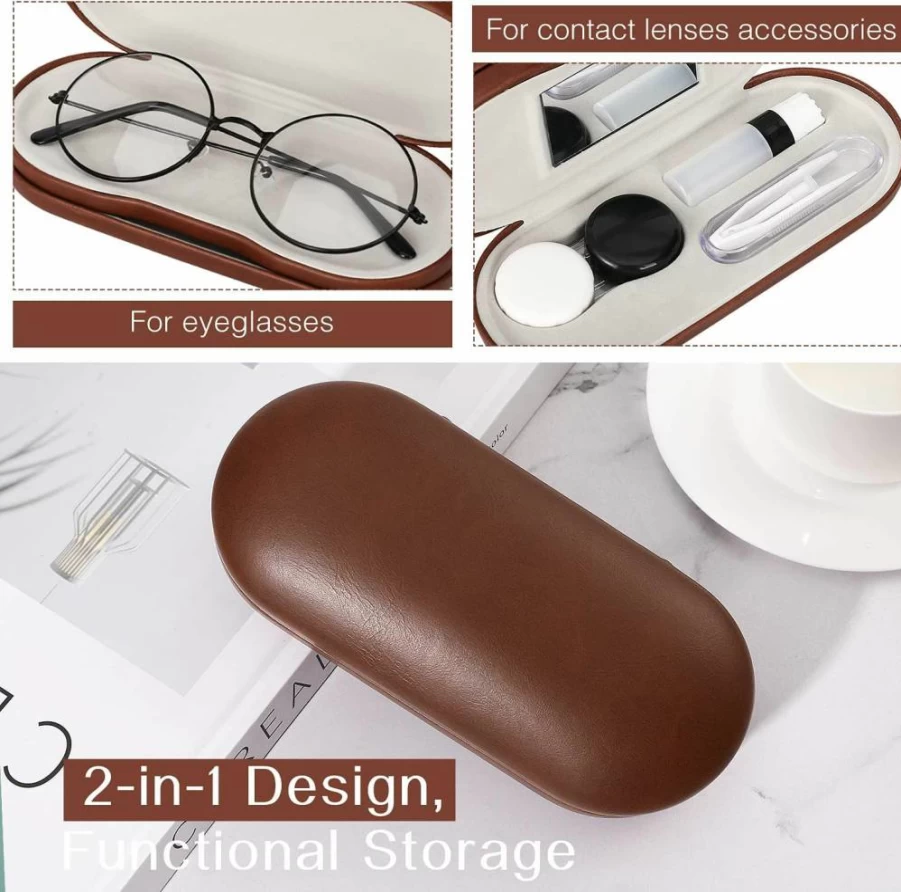 MoKo Double Sided Eyeglass & Contact Lens Case with Mirror, Tweezers, and Remover – Portable 2-in-1 Storage Container for Sunglasses, Contacts, and Soaking – Black Case for Men & Women