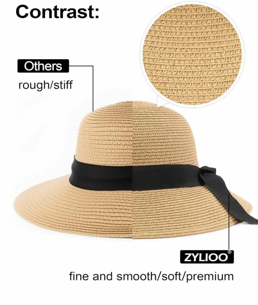 Zylioo Women's Floppy Straw Hat Wide Brim UPF 50+ Sun Protection Beach Summer Hat for Small Heads in S/M/L/XL/2XL Sizes