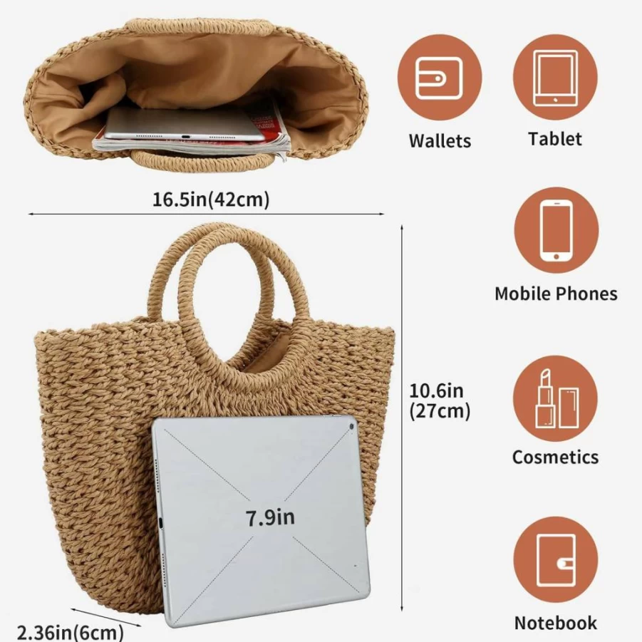 Jessie Women's Large Straw Beach Tote Bag - Hand Woven Summer Travel Purse with Top Handle, Big Capacity Hobo Bag for Women