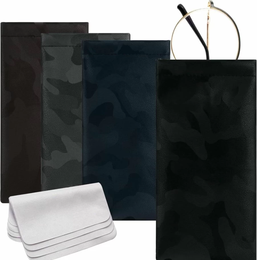 4 Pcs MZYOUHUO Leather Sunglass Cases with Squeeze Top, Portable Eyeglass Holder & Microfiber Cleaning Cloth for Men Women