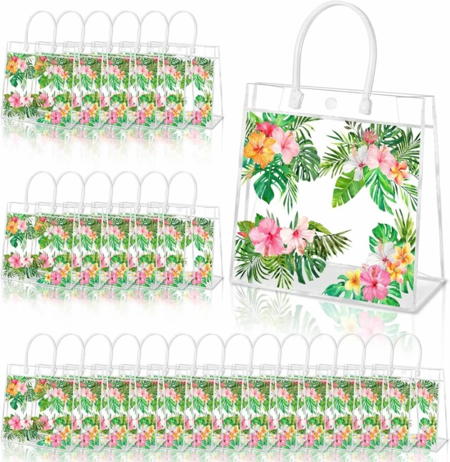 Hymenex 24 Pcs Hawaiian PVC Gift Bags with Handles - Tropical Luau Party Supplies for Candy, Treats & Goodie Bags - Aloha Festival, Summer Holiday & Beach Party Favors