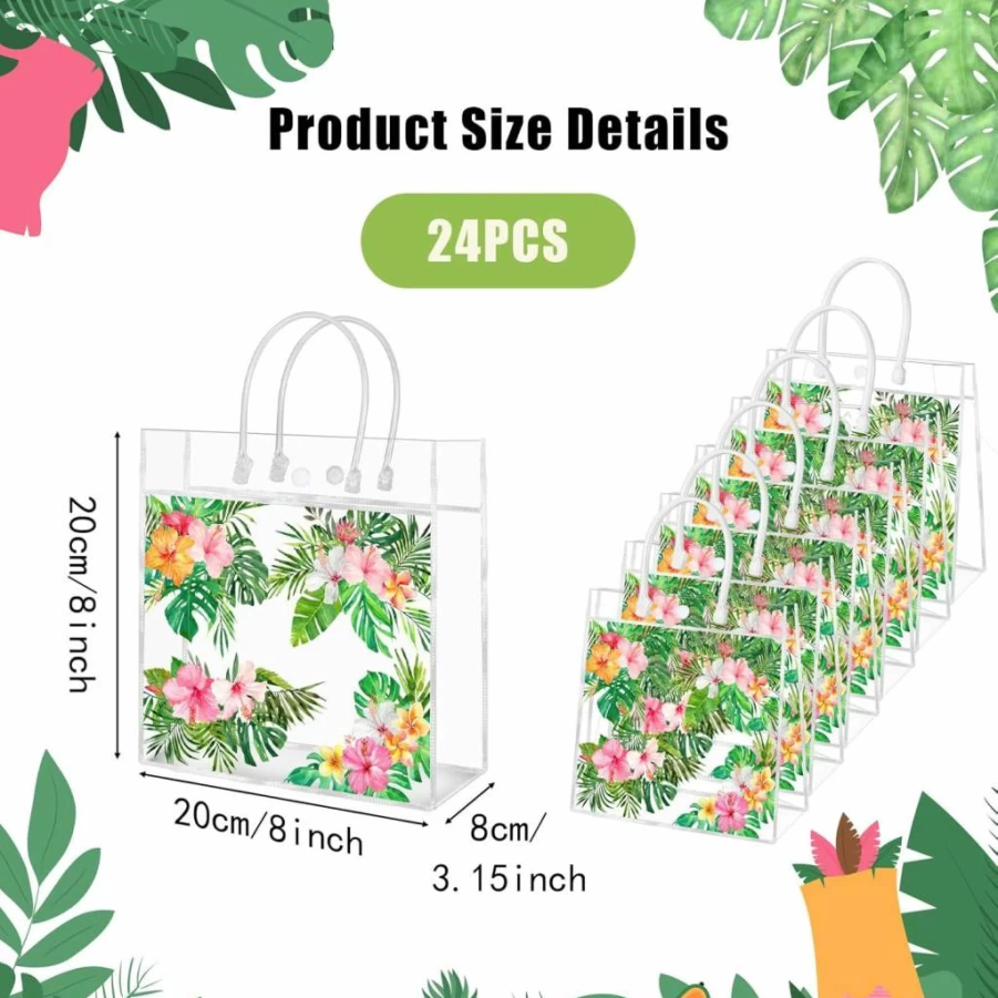 Hymenex 24 Pcs Hawaiian PVC Gift Bags with Handles - Tropical Luau Party Supplies for Candy, Treats & Goodie Bags - Aloha Festival, Summer Holiday & Beach Party Favors