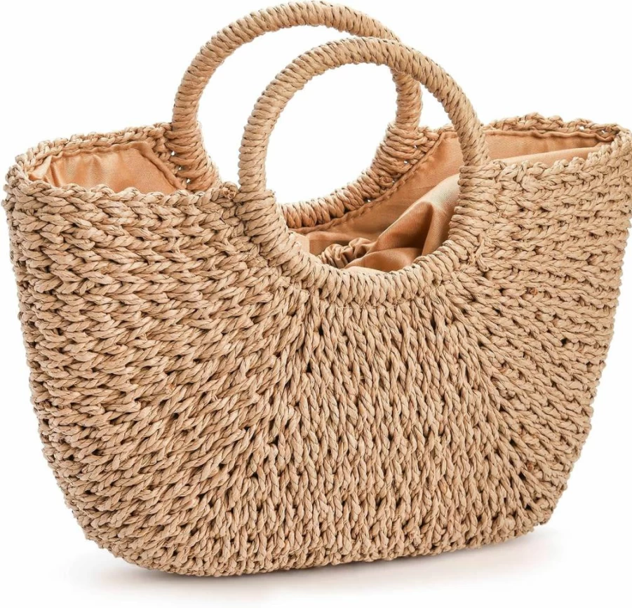 Pumtus Women's Handmade Straw Tote Bag - Large Woven Beach Handbag for Summer, Travel & Vacation, Casual Rattan Clutch with Top Handle