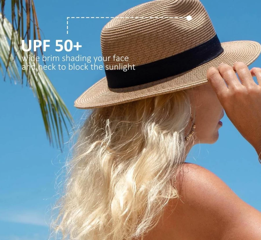 Joywant Women's UPF50+ Wide Brim Straw Fedora Hat - Packable Summer Beach Sun Hat for Women