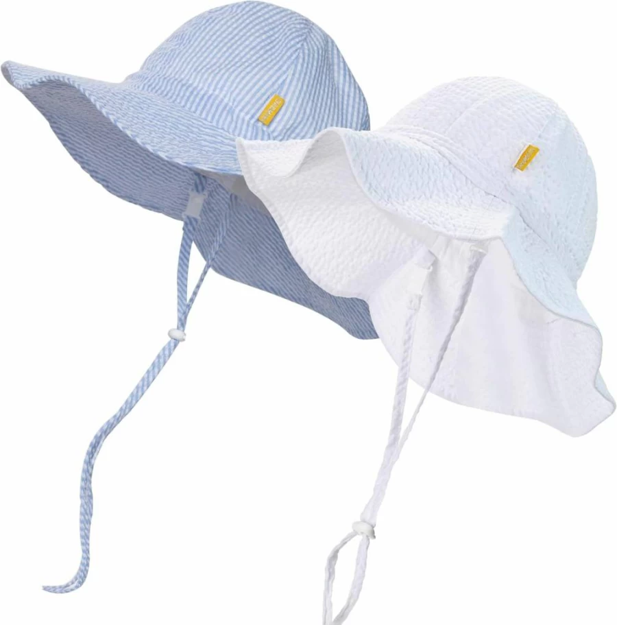 DASMINI Baby Sun Hat UPF 50+ Wide Brim Adjustable Bucket Cap for Toddlers - Lightweight Seersucker Summer Beach Hat