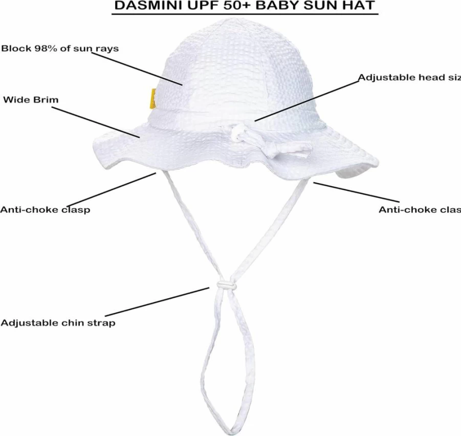 DASMINI Baby Sun Hat UPF 50+ Wide Brim Adjustable Bucket Cap for Toddlers - Lightweight Seersucker Summer Beach Hat