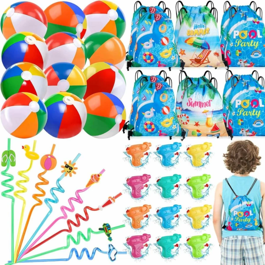 12 Pack Summer Party Favors for Kids by Thesixowls - Beach Balls, Pool Toys, Straws & Drawstring Bags for Goodie Bags, Birthdays & End of Year Gifts