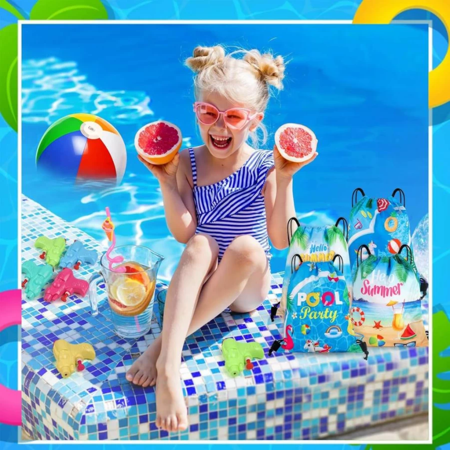 12 Pack Summer Party Favors for Kids by Thesixowls - Beach Balls, Pool Toys, Straws & Drawstring Bags for Goodie Bags, Birthdays & End of Year Gifts