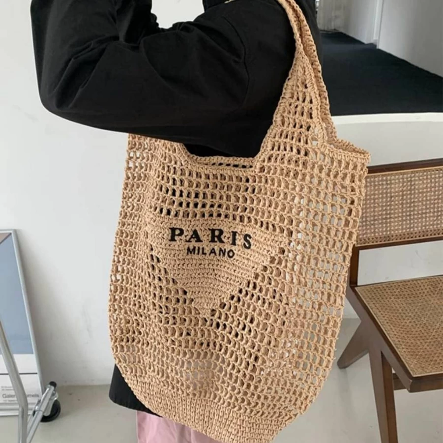 POOOPSSD Women's Foldable Straw Woven Tote Bag - Large Capacity Beach Shoulder Bag for Holiday & Travel