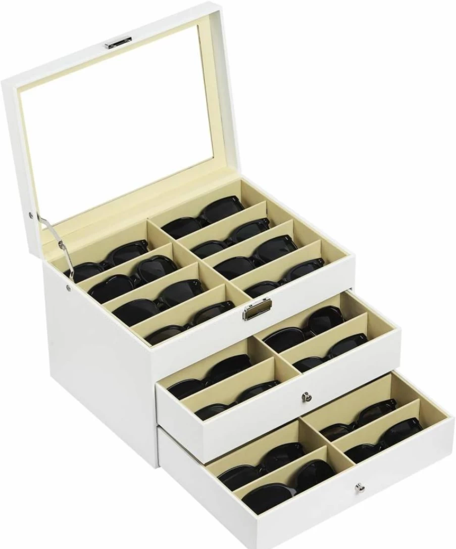 AUTOARK Leather 24-Slot Eyeglasses Organizer with Lock - Black AW-095 Sunglass & Glasses Storage Display Case