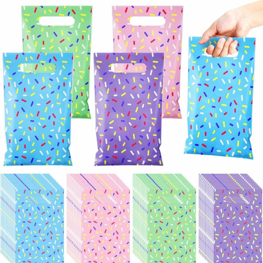 Sweetude 48-Piece Donut-Shaped Plastic Goodie Bags with Handles for Party Favors, Candy, and Summer Decorations – Bulk Treat Bags for Ice Cream & Confetti
