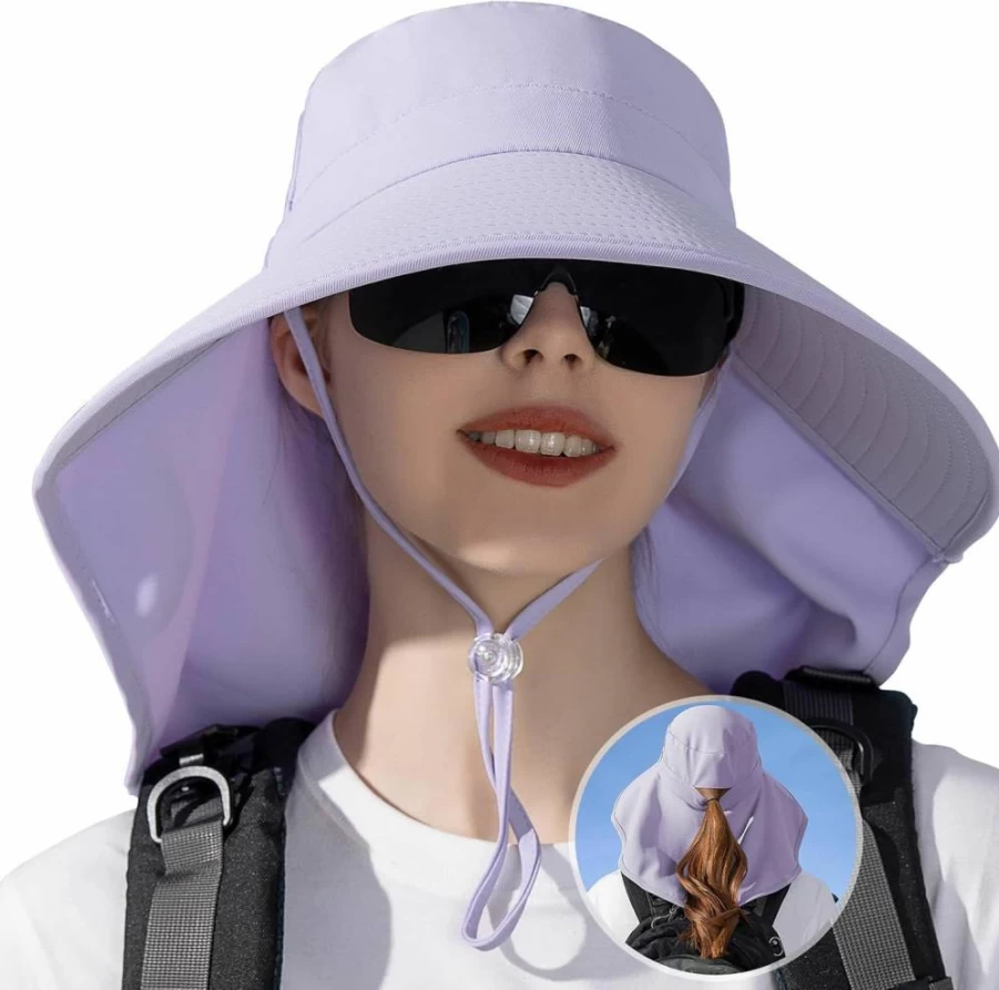 Ruqizhi Women's UPF 50+ Wide Brim Sun Hat with Neck Flap & Ponytail Hole - Rollable UV Protection Fishing Hat for Outdoor Activities
