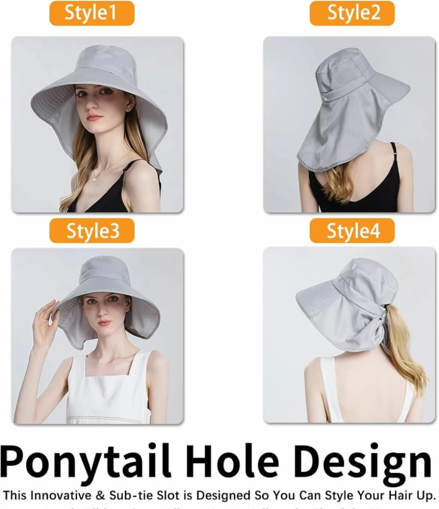 Ruqizhi Women's UPF 50+ Wide Brim Sun Hat with Neck Flap & Ponytail Hole - Rollable UV Protection Fishing Hat for Outdoor Activities