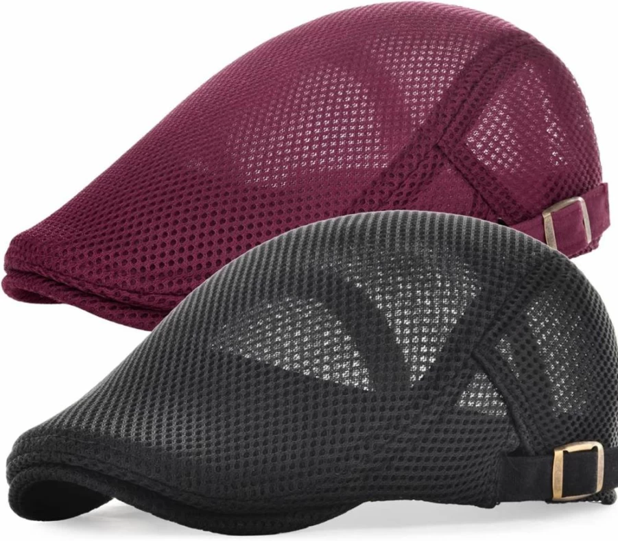 JANGOUL Men's Breathable Mesh Newsboy Cap - Adjustable Summer Duckbill Driving Hat, 2-Pack