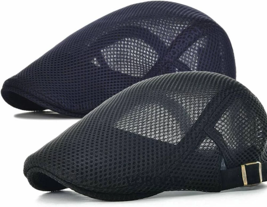 JANGOUL Men's Breathable Mesh Newsboy Cap - Adjustable Summer Duckbill Driving Hat, 2-Pack