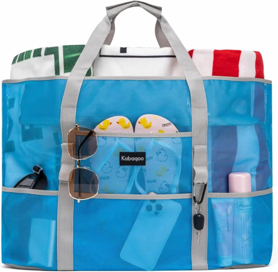 KABAQOO Waterproof Mesh Beach Tote Bag with 9 Pockets, Extra Large Lightweight Beach Bag for Pool, Travel & Shopping