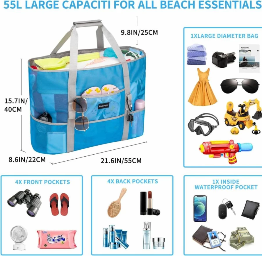 KABAQOO Waterproof Mesh Beach Tote Bag with 9 Pockets, Extra Large Lightweight Beach Bag for Pool, Travel & Shopping