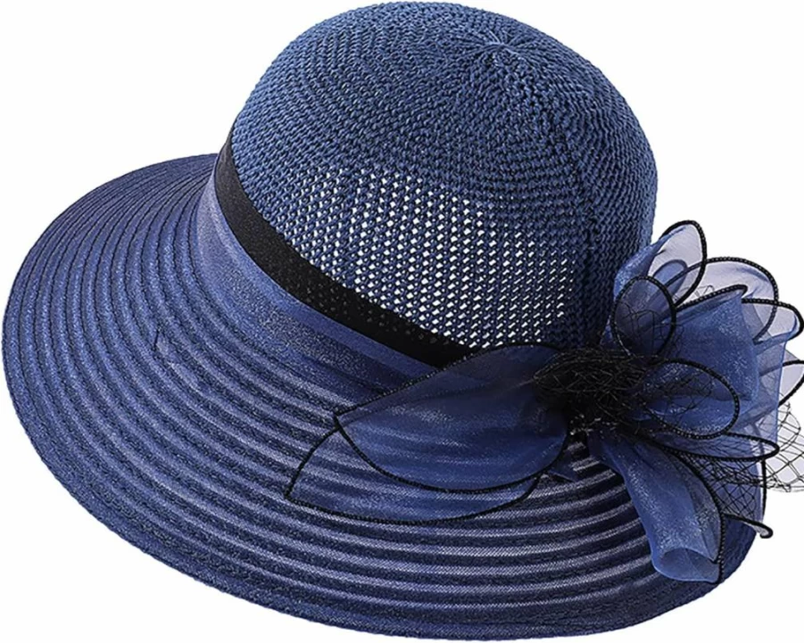 UTOWO Women's Crochet Organza Sun Hat with Flower Accent - French Derby Tea Party, Summer Beach & Church Hat in Navy Blue