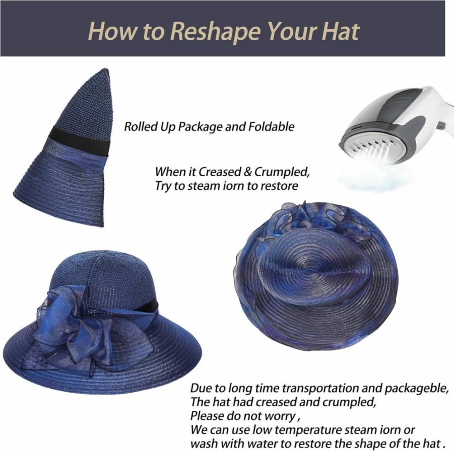 UTOWO Women's Crochet Organza Sun Hat with Flower Accent - French Derby Tea Party, Summer Beach & Church Hat in Navy Blue