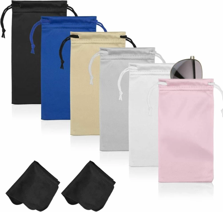 Hoiny 6-Pack Microfiber Glasses & Sunglasses Pouch with Drawstring, Includes 2 Lens Cleaning Cloths, Soft Storage Case for Eyewear, Phones, and Small Accessories