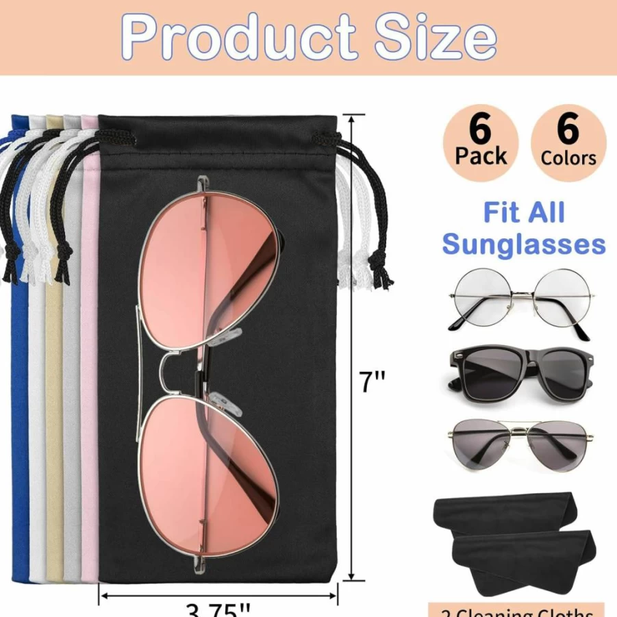 Hoiny 6-Pack Microfiber Glasses & Sunglasses Pouch with Drawstring, Includes 2 Lens Cleaning Cloths, Soft Storage Case for Eyewear, Phones, and Small Accessories