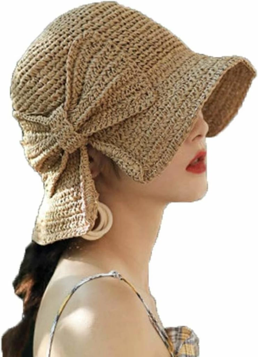 Asufegucd Women's UPF 50+ Wide Brim Straw Sun Hat - Foldable Summer Beach Hat with Bow for Travel & UV Protection