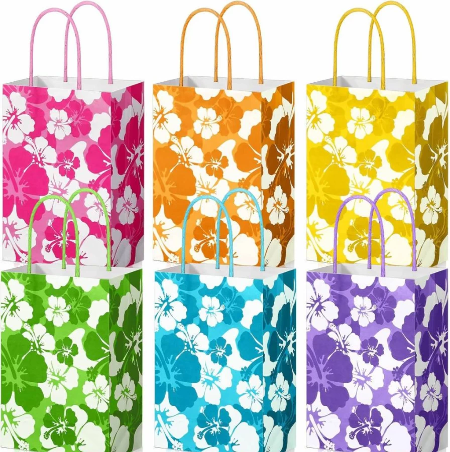 Teling 24 Pcs Hawaiian Hibiscus Goodie Bags, Tropical Luau Party Favors with Handles, Colorful Tiki Treat Bags for Kids Birthday, Summer Themed Gift, 8.3 x 6 x 3 Inches