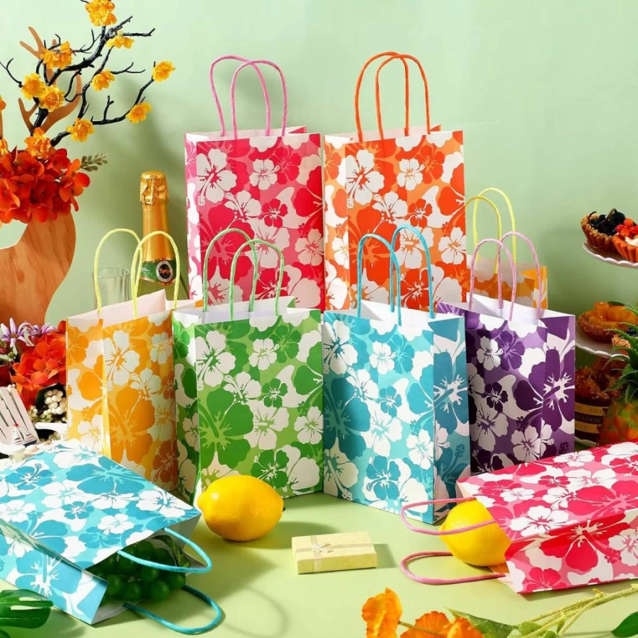 Teling 24 Pcs Hawaiian Hibiscus Goodie Bags, Tropical Luau Party Favors with Handles, Colorful Tiki Treat Bags for Kids Birthday, Summer Themed Gift, 8.3 x 6 x 3 Inches